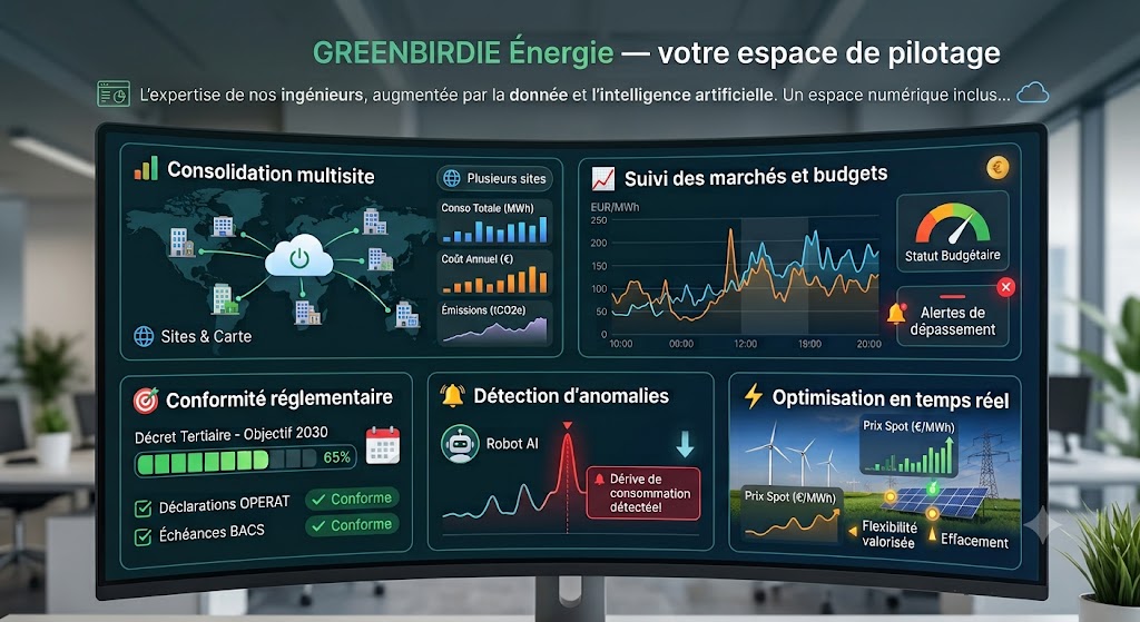 Tableau de bord GREENBIRDIE Énergie — consolidation et pilotage énergétique multisite